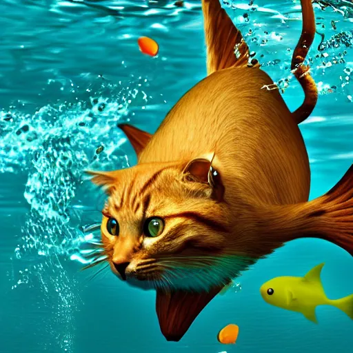 Prompt: a cat and a fish swimming together under water, photorealistic, very detailed, beautiful lighting, 4k