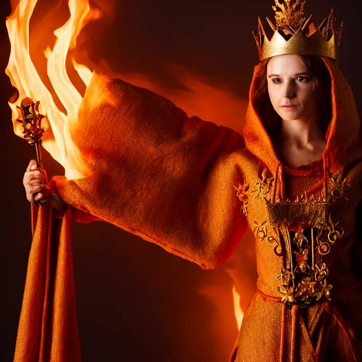 Prompt: photograph of a real-life beautiful fire queen with intricate crown and cloak. Extremely detailed. 8k