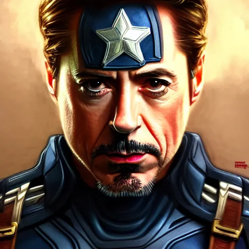 Image similar to handsome Robert Downey Jr as Captain America, western, closeup, D&D, fantasy, intricate, elegant, highly detailed, digital painting, artstation, concept art, matte, sharp focus, illustration, art by Artgerm and Greg Rutkowski and Alphonse Mucha