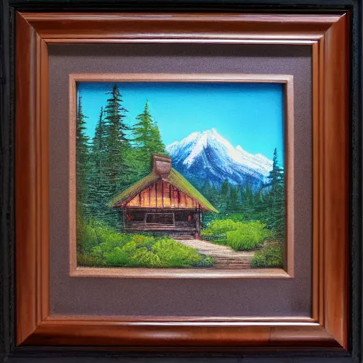 Image similar to a mountain cabin, bob ross, james burton, twilight