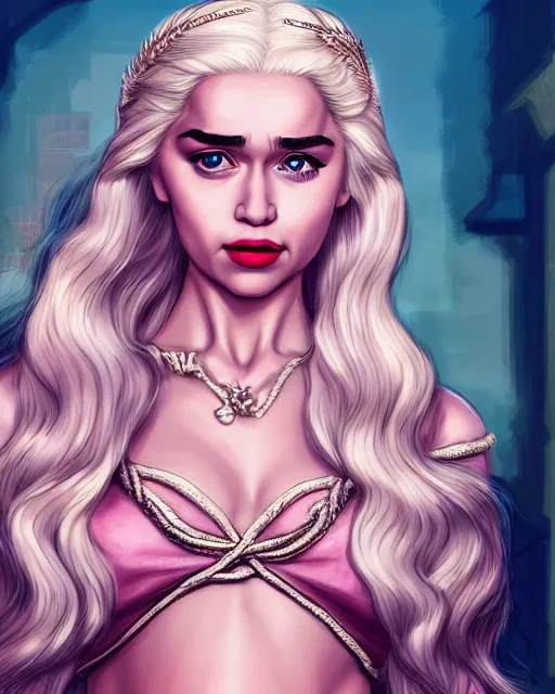 Image similar to closeup portrait beautiful seductive daenerys targaryen with long blonde windblown hair in an ornate royal dress, standing on a street in chinatown, pink lipstick, glamour pose, detailed illustration, digital art, trending on artstation, arney freytag, frank miller, moebius, graffiti, gta v,