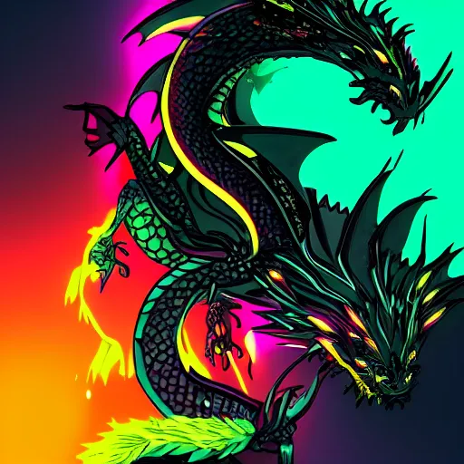 Prompt: dragon flame neon on a black color scheme with fluorescent fire, in the graphic style of Patrick Gleason, detailed art, trending on Artstation, sharp focus
