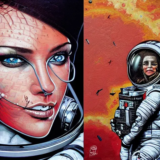 Image similar to high quality high detail painting by josan gonzalez and brian viveros, hd, exaggerated portrait of female astronaut,