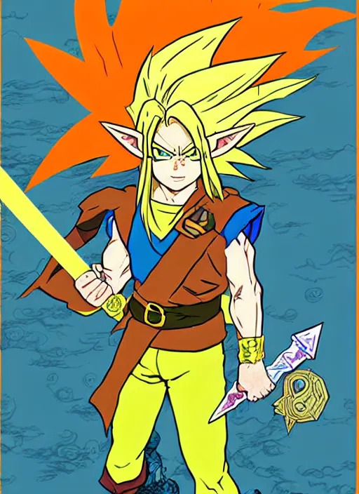 Prompt: link as the fierce diety super sayian, from the legend of zelda!! portrait illustration, pop art, splash painting, art by geof darrow, ashley wood, alphonse mucha, makoto shinkai