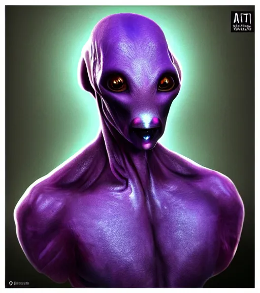 Image similar to realistic character portrait, ant alien, trending in artstation, purple color lighting