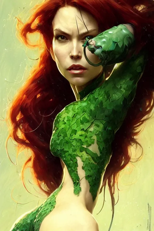 Image similar to aeon flux as poison ivy profile picture by Greg Rutkowski, dynamic pose, matte painting, intricate, fantasy concept art, elegant, by Stanley Artgerm Lau, WLOP, golden ratio, thomas kindkade, alphonse mucha, loish, Peter chung, norman Rockwell,