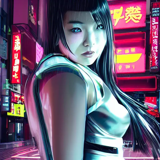 Prompt: An epic comic hyperrealistic illustration of a japanese cyber warrrior girl wearing futuristic wardrobe, black and silver, ultradetailed face expression trending on artbreeder, cyberpunk 2077 color, heavy rainning at tokyo street nightview, neon light, DAZ, 8k, unreal 5 engine render, cosplay, RPG portrait, photorealistic, hdri, dramatic lighting, rim lights,