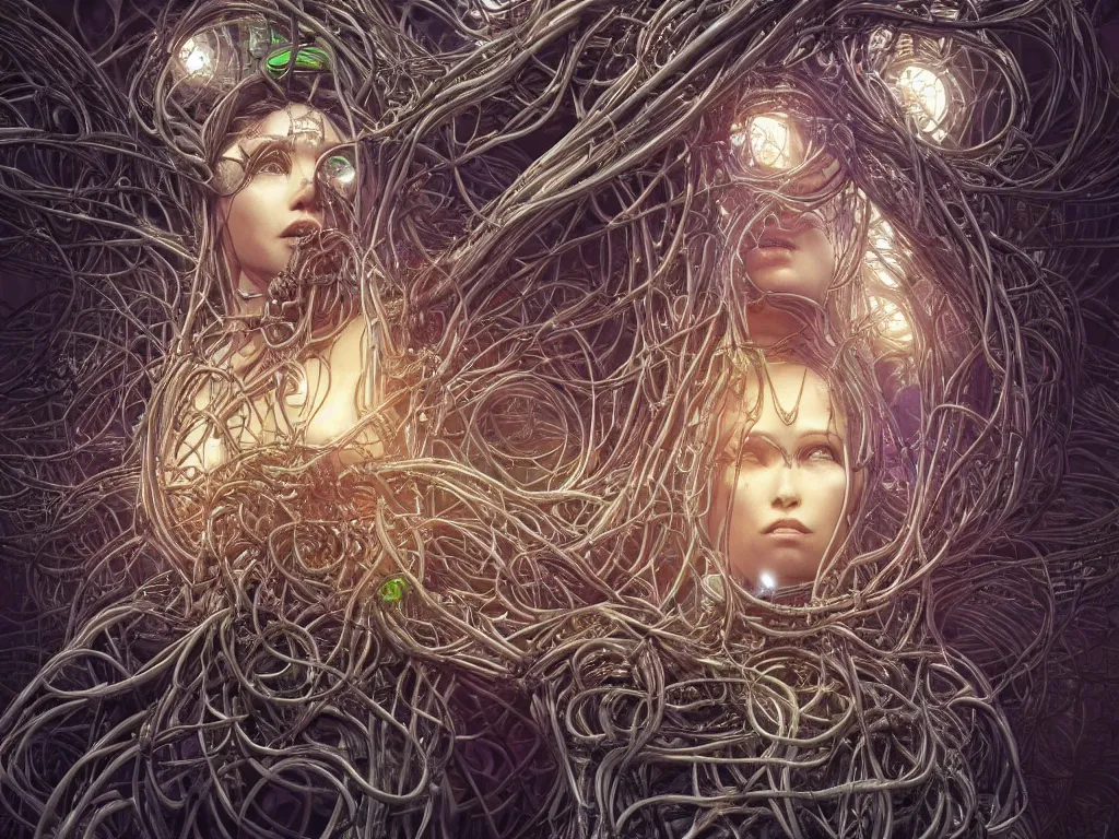 Image similar to a centered render of an goddess entangled in an alien bio - organic landscape adorned with cables and synthesizer parts is surrounded by sacred geometry, bio - mech tree roots, powerful, cinematic, beautifully lit, by artgerm, by h. r. giger, 3 d, trending on artstation, octane render, 8 k