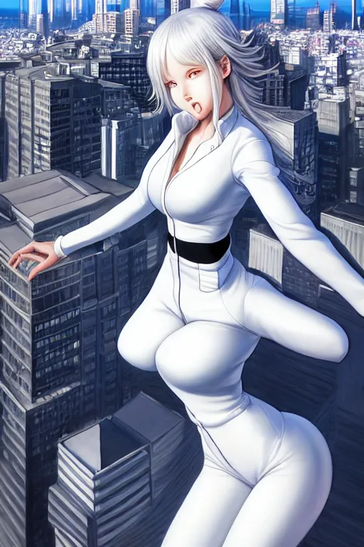 Image similar to extremely beautiful aesthetic girl with half black and half white jacket on the top of the city, full body, occlusion shadow, specular reflection, rim light, unreal engine, artgerm, artstation, art by hiroaki samura and jiro matsumoto and yusuke murata, high quality, intricate detailed 8 k, beautiful shape of face and body