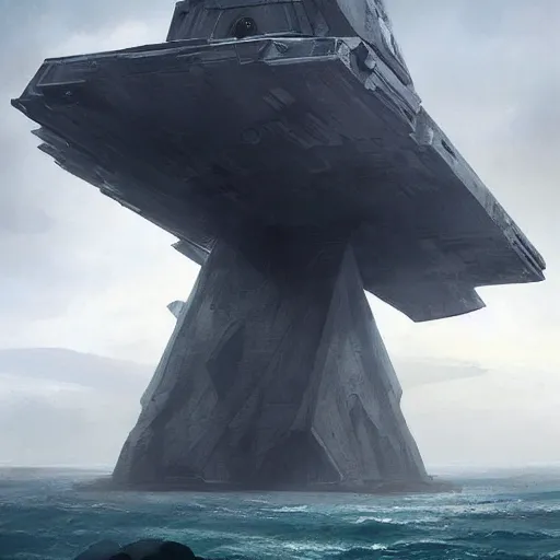 Prompt: star wars concept art by greg rutkowski, a palatial and imposing grey tall triangular pyramid tech tower emerging from the sea in the middle of a ocean landscape, enigmatic atmosphere, beautiful and cinematic lighting, artstation hq.