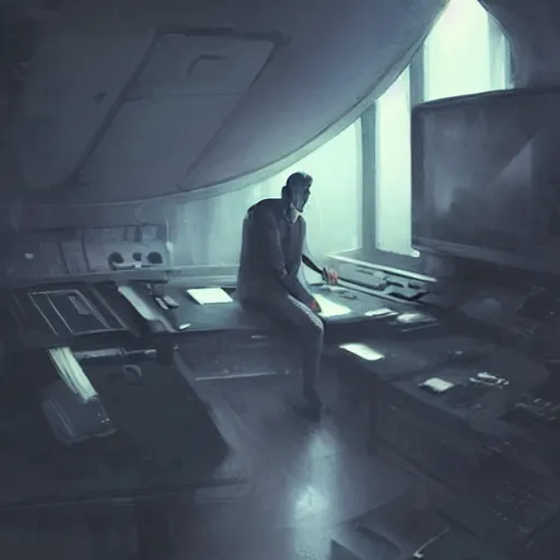 Image similar to concept art by greg rutkowski, a very tall, and slender man with short black hair, sitting with the crew in the ship's control room, brutalist futuristic interior, dark lighting atmosphere, detailed portraits, nostalgic atmosphere, scifi, digital painting, artstation, concept art, smooth, sharp foccus ilustration, artstation hq