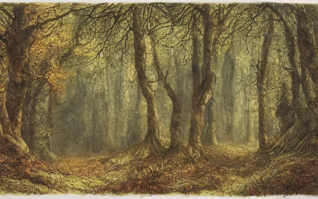 Prompt: a watercolour painting of an autumn forest by john blanche, alan lee, gustave dore, fog, highly detailed, storybook illustration, coloured lithograph engraving