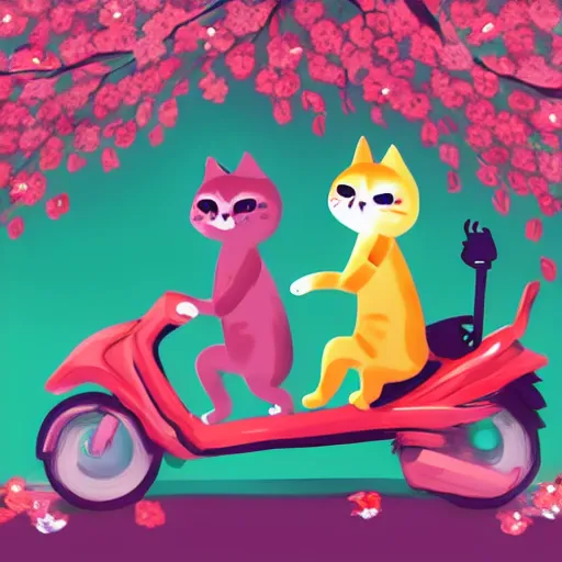 Image similar to a cute artwork of two chibi cats riding scooters through a forest of cheery blossom trees, procreate