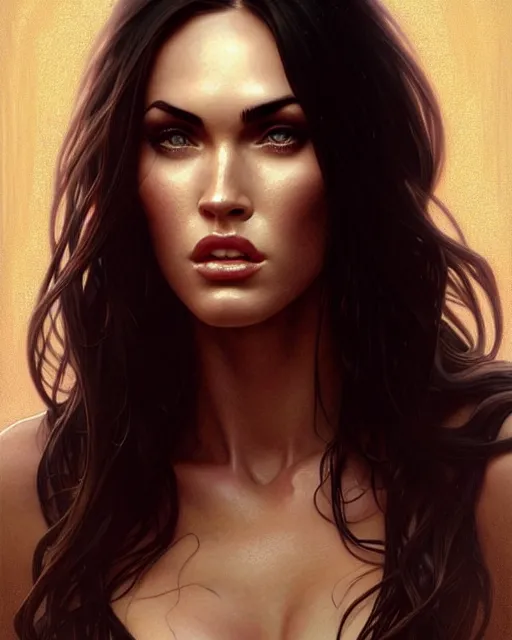 Image similar to portrait of megan fox with sultry face expression, intricate, headshot, highly detailed, digital painting, artstation, concept art, sharp focus, cinematic lighting, illustration, art by artgerm and greg rutkowski, alphonse mucha, cgsociety