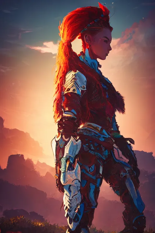 Image similar to combination suit armor aloy horizon forbidden west horizon zero dawn radiating a glowing aura global illumination ray tracing hdr fanart arstation by ian pesty and alena aenami artworks in 4 k tribal robot ninja mask helmet backpack