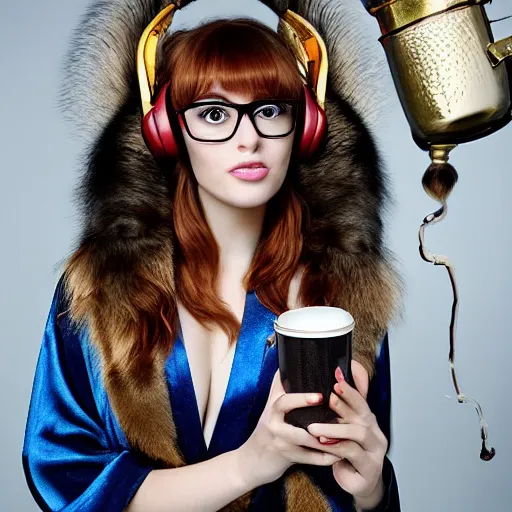 Prompt: a stunning hyper-detailed portrait photo of a beautiful bespectacled woman with long auburn hair and bangs, dressed in a luxurious silk robe, wearing futuristic headphones and posing with raccoons and parrots in an overstuffed easy chair in her sunlit living room, holding a coffee mug decorated with raccoons, and holding a strawberry-glazed donut and smoking an elaborate hookah, perfect eyes, octane render, unreal engine, 85 mm lens,