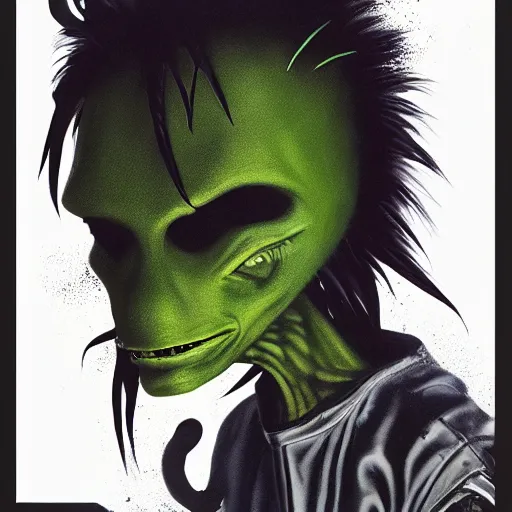 Image similar to a punk alien wearing Rick Owens clothing, an airbrush painting by Jamie Hewlett, cgsociety, symbolism, antichrist, aesthetic, 8k