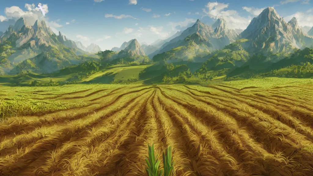 Prompt: immaculate rows of crops, mountains in the background, digital 2d fantasy art