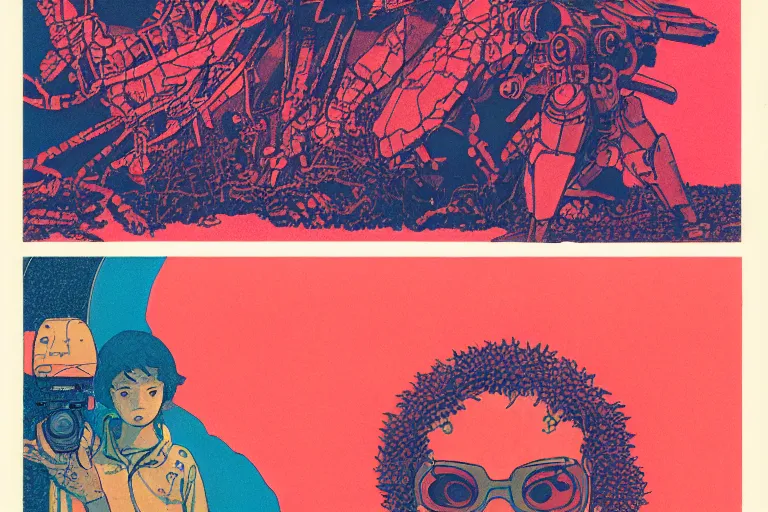 Image similar to risograph grainy drawing vintage sci - fi, satoshi kon color palette, gigantic gundam full - body covered in dead coral reef, 1 9 8 0, kodachrome, natural colors, codex seraphinianus painting by moebius and satoshi kon and dirk dzimirsky close - up portrait