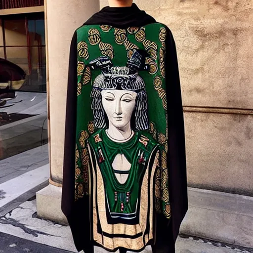 Prompt: ancient greek philosphers wearing gucci versace intricate textile chiton himation cloak tunic detailed design japanese kanji streetwear cyberpunk modern fashion