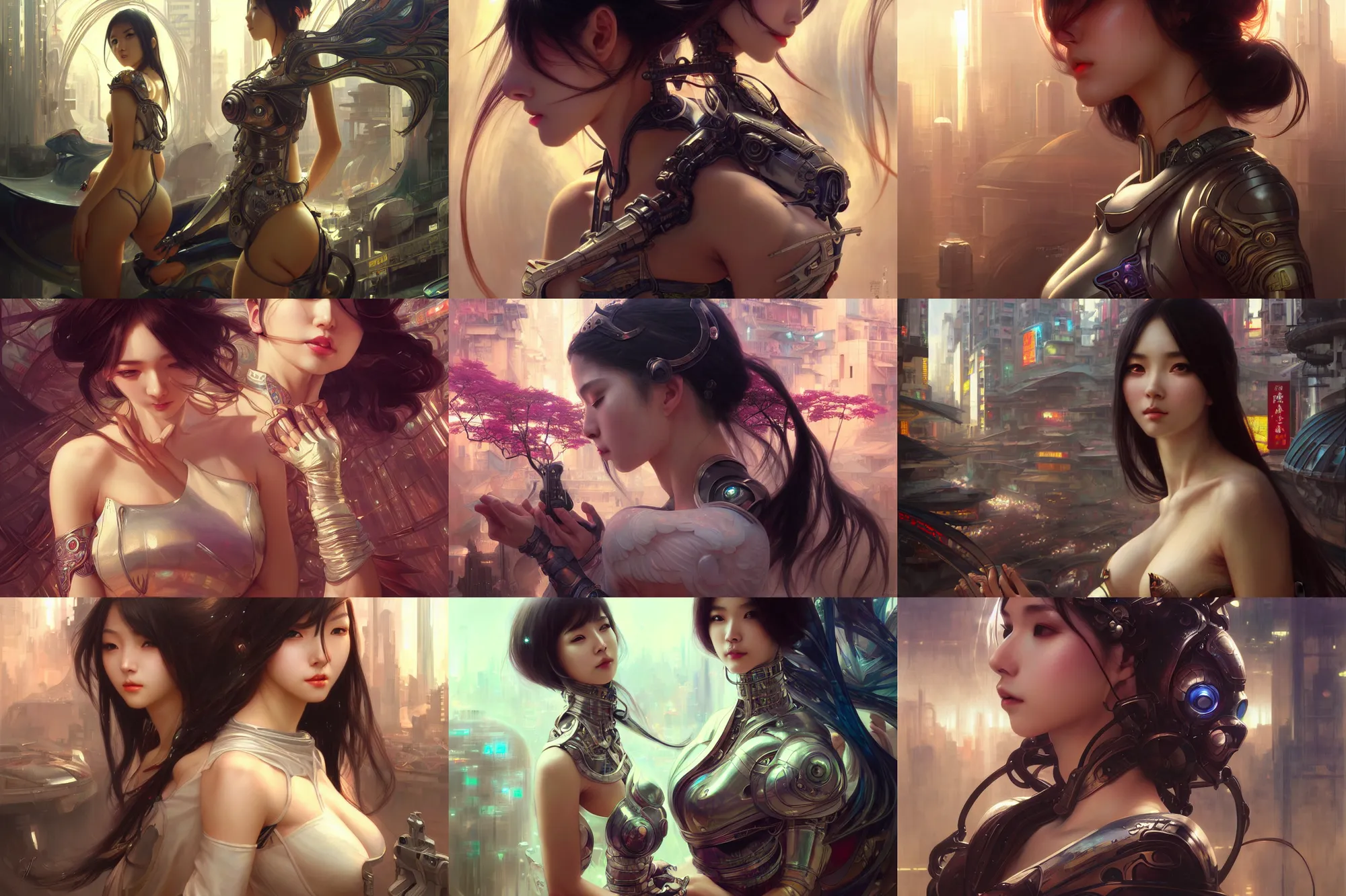 Prompt: ultra realistic beautiful futuristic kowloon techno art, beautiful alluring anime woman, gorgeous face and figure, sci - fi, fantasy, intricate, elegant, highly detailed, digital painting, artstation, concept art, smooth, sharp focus, illustration, art by artgerm and tian zi and alphonse mucha and greg rutkowski