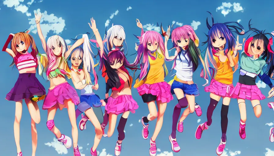 Image similar to group of cute anime characters jumping, colorful outfits, short miniskirts, lightly dressed, ultra detailed digital art, hyper real, detailed, group photo, ultra detailed, ground up angle