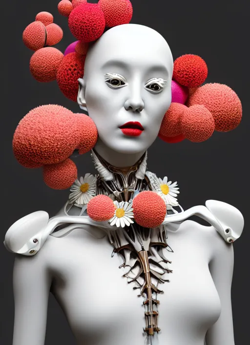 Prompt: biomechanical beautiful woman portrait with a smooth carved porcelain ivory profile face, futuristic haute couture, iris van herpin, headdress with daisies, colorful puffballs, mushrooms, rhizomorphs, brackets, sponge corals, laser cut paper lace collar, red lips, octane highly render, hyper detailed, ultra sharp, 3 d render, 8 k, uhd