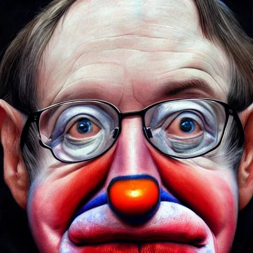 Image similar to UHD hyperrealism painting of Stephen Hawking wearing accurate clown makeup, clown costume, and correct clown face, by Antonio Caparo and Ferdinand Knab and Greg Rutkowski, UHD, photorealistic, trending on artstation, trending on deviantart, correct face, realistic clown makeup