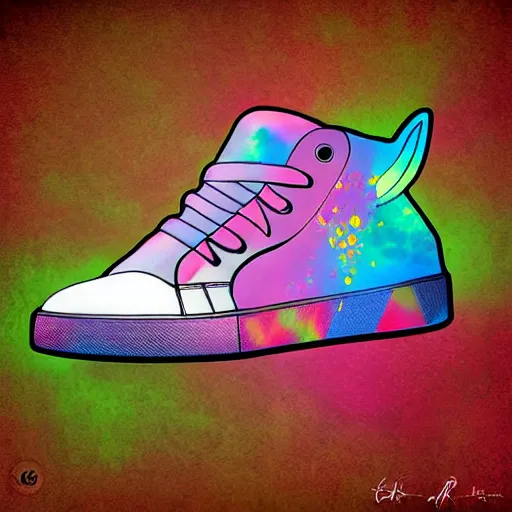 Prompt: Unicorn sneakers designed by Tinker Hatfield, digital art