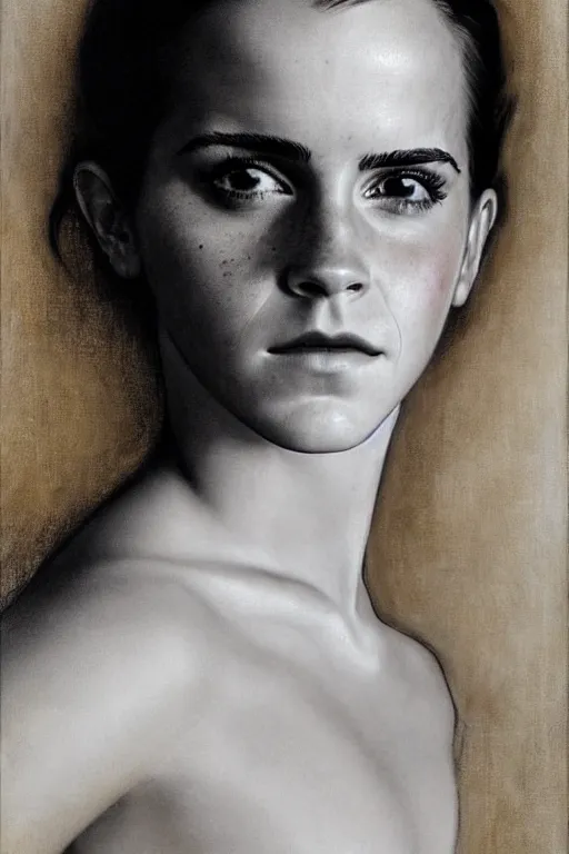 Image similar to emma watson frowning detailed portrait painting by gaston bussiere craig mullins j. c. leyendecker photograph by richard avedon peter lindbergh annie leibovitz