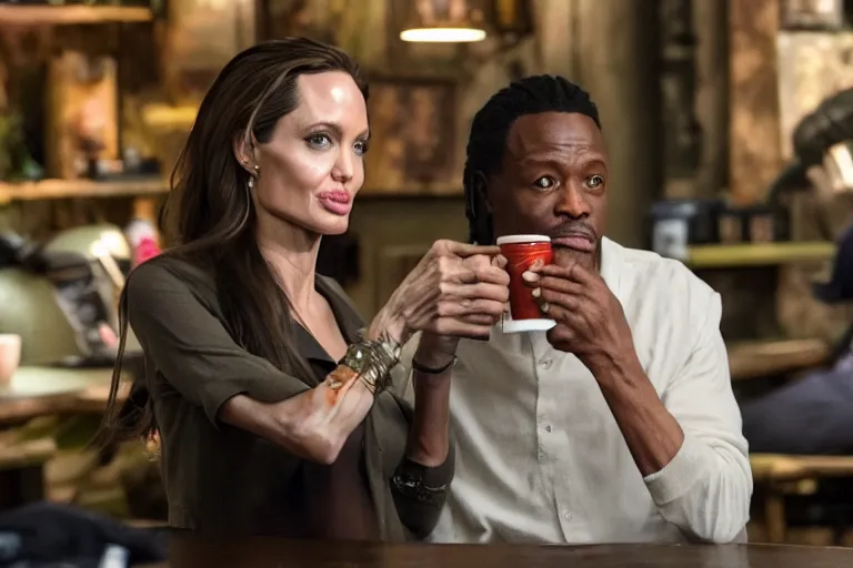 Image similar to Angelina Jolie and the alien from The Predator (2018) are best friends, drinking coffee at central perk, still photo, hyperrealistic, 35mm, 8k, by weta digital