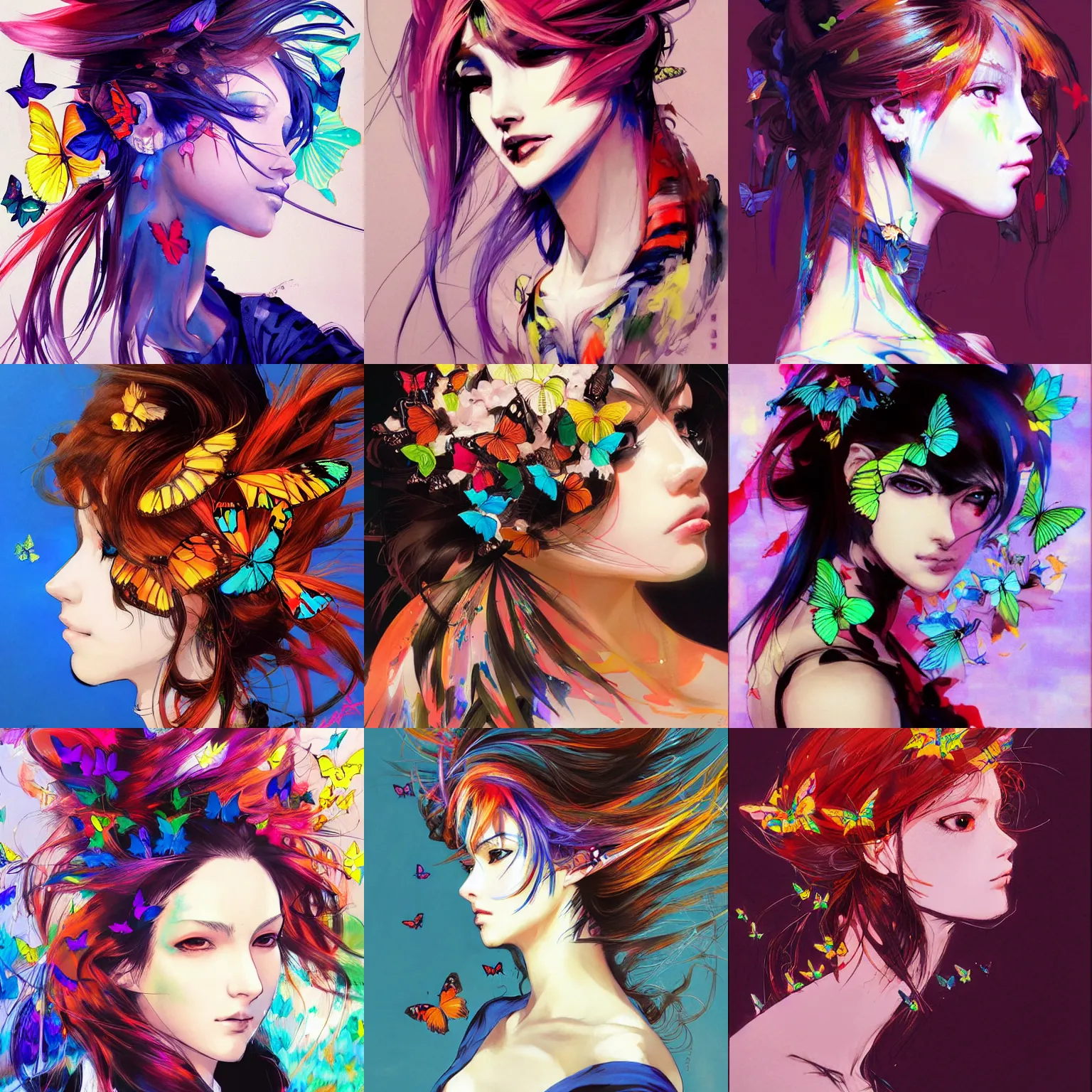 Prompt: a beautiful side portrait painting of a woman. colorful butterflies emerge from her hair, covering almost all of her head. art by yoji shinkawa and yoshitaka amano, trending on artstation.