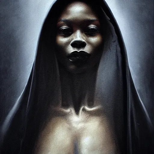 Image similar to a portrait of a young black woman wearing a long dark cloak, hood and shadows covering face, anatomically correct, beautiful perfect face, enigmatic, oil painting, matte painting, black background, Volumetric dynamic lighting, Highly Detailed, Cinematic Lighting, Unreal Engine, 8k, HD, by Beksinski