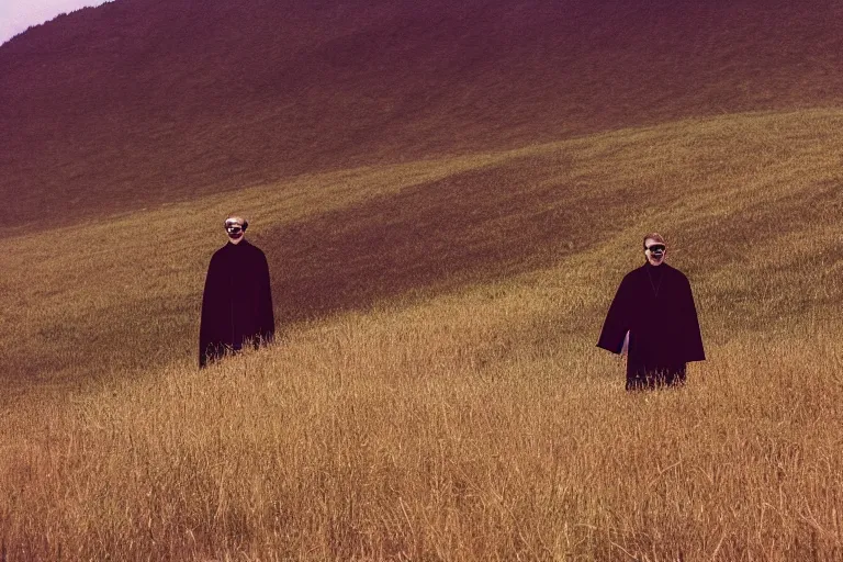 Prompt: a man in a black robe wearing sunglasses standing in the middle of a hilly grass land photographed by Andrej Tarkovsky, kodak 5247 stock