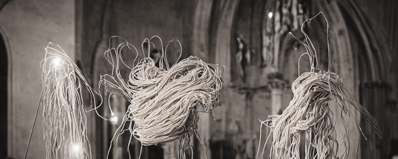 Image similar to an effigy of spaghetti inside a church, canon 5 0 mm, cinematic lighting, photography, retro, film, kodachrome, closeup