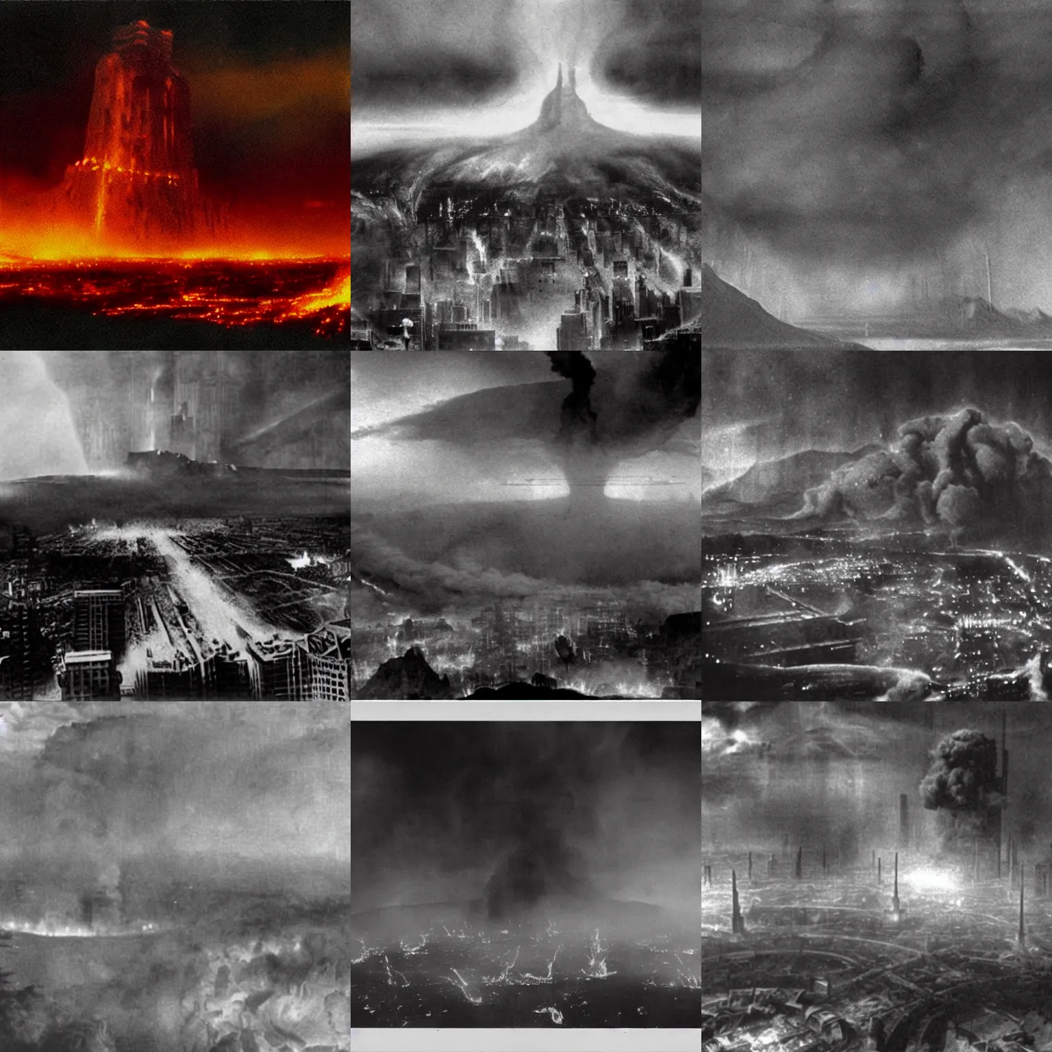 Prompt: metropolis, the gates of hell surrounded by fire and lava, epic, wide angle, matte painting, ethereal, thick black fog