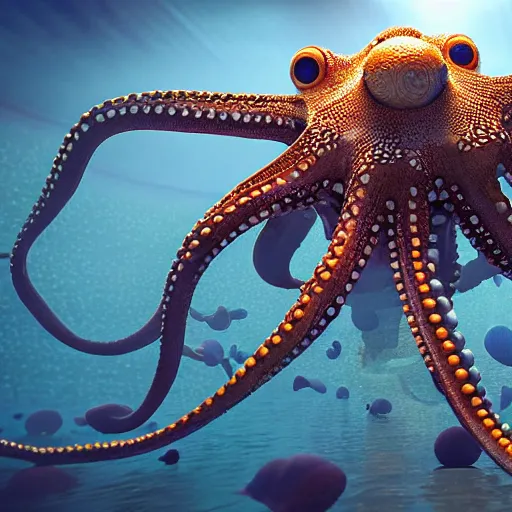 Image similar to A octopus in the ocean centered-photograph film still, dynamic action pose, National Geographic, insane detail, intricate, highly detailed, Zeiss Lens, DSLR photography, smooth, sharp focus, Unreal Engine 5, Octane Render, Redshift, depth of field 8K