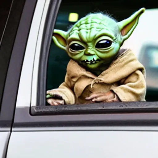 Image similar to baby yoda hanging out of car window screaming at drive thru ordering menu