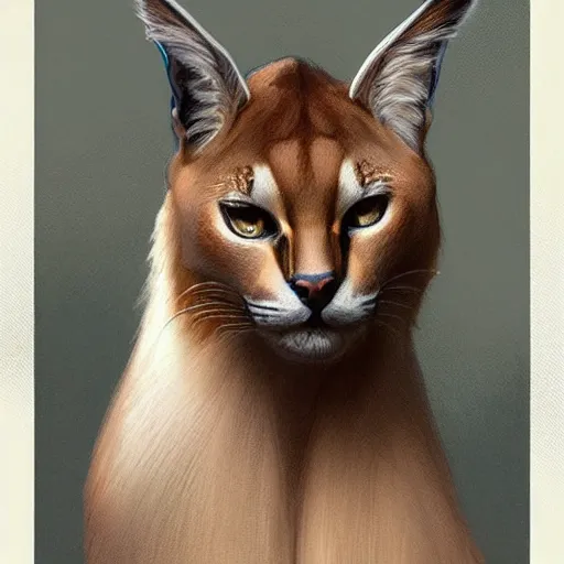 Image similar to portrait of caracal cat dressed in aristocratic clothing. elegant, highly detailed, digital painting, artstation, concept art, smooth, sharp focus, illustration, art by artgerm and greg rutkowski and alphonse mucha