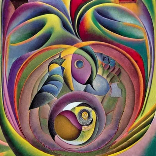 Prompt: a lost work of genius, a beautiful composition of incredibly profound symbolic art, centred, expressing the form of the formless, wondrous, benign and numinous, looking at it rewards the soul, being-in-itself, futuristic digital paint, by M. C. Escher and by Hilma af Klint and by Wassily Kandinsky and by Henri Rousseau and by Cruella de Vil