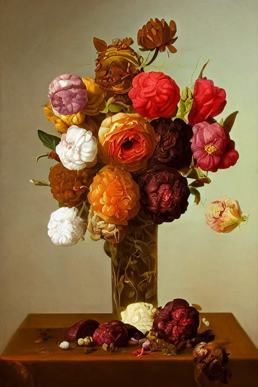 Prompt: painting of chocolate flowers in a vase on a table, by rachel ruysch, pop surrealism, biomorphic, made of sweet delicious texture