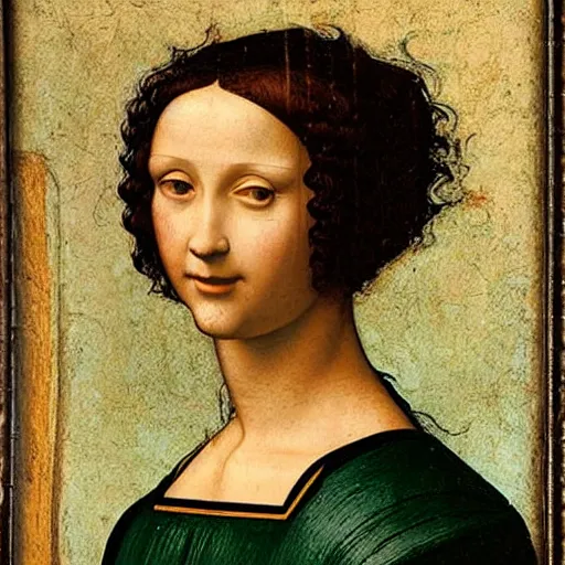 Prompt: young woman from the year 1 5 0 0, seated in front of a landscape background, her black hair is fine curly, she wears a dark green dress pleated in the front with yellow sleeves, puts her right hand on her left hand and smiles slightly, oil painting in style of leonardo da vinci