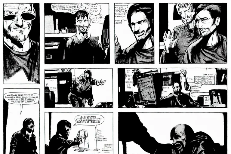 Prompt: steve jobs presenting the imac, a page from cyberpunk 2 0 2 0, style of paolo parente, style of mike jackson, adam smasher, johnny silverhand, 1 9 9 0 s comic book style, white background, ink drawing, black and white