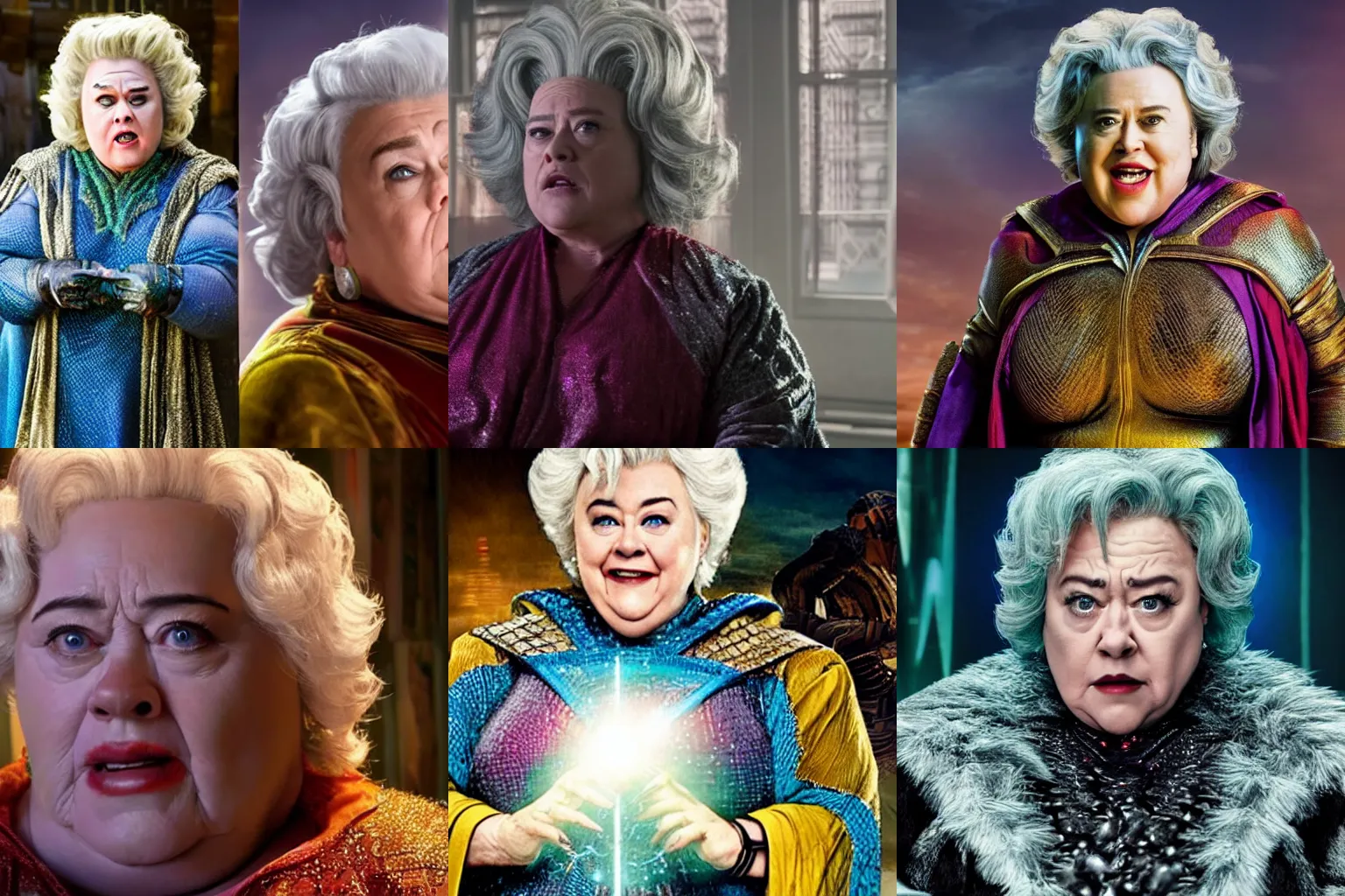 Prompt: A cinematic still of Kathy Bates as Granny Goodness in a movie about Jack Kirby's Fourth World. live action. soft studio lighting, award-winning cinema.