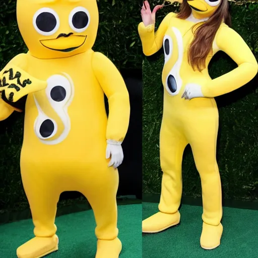 Image similar to emma watson in a banana mascot suit