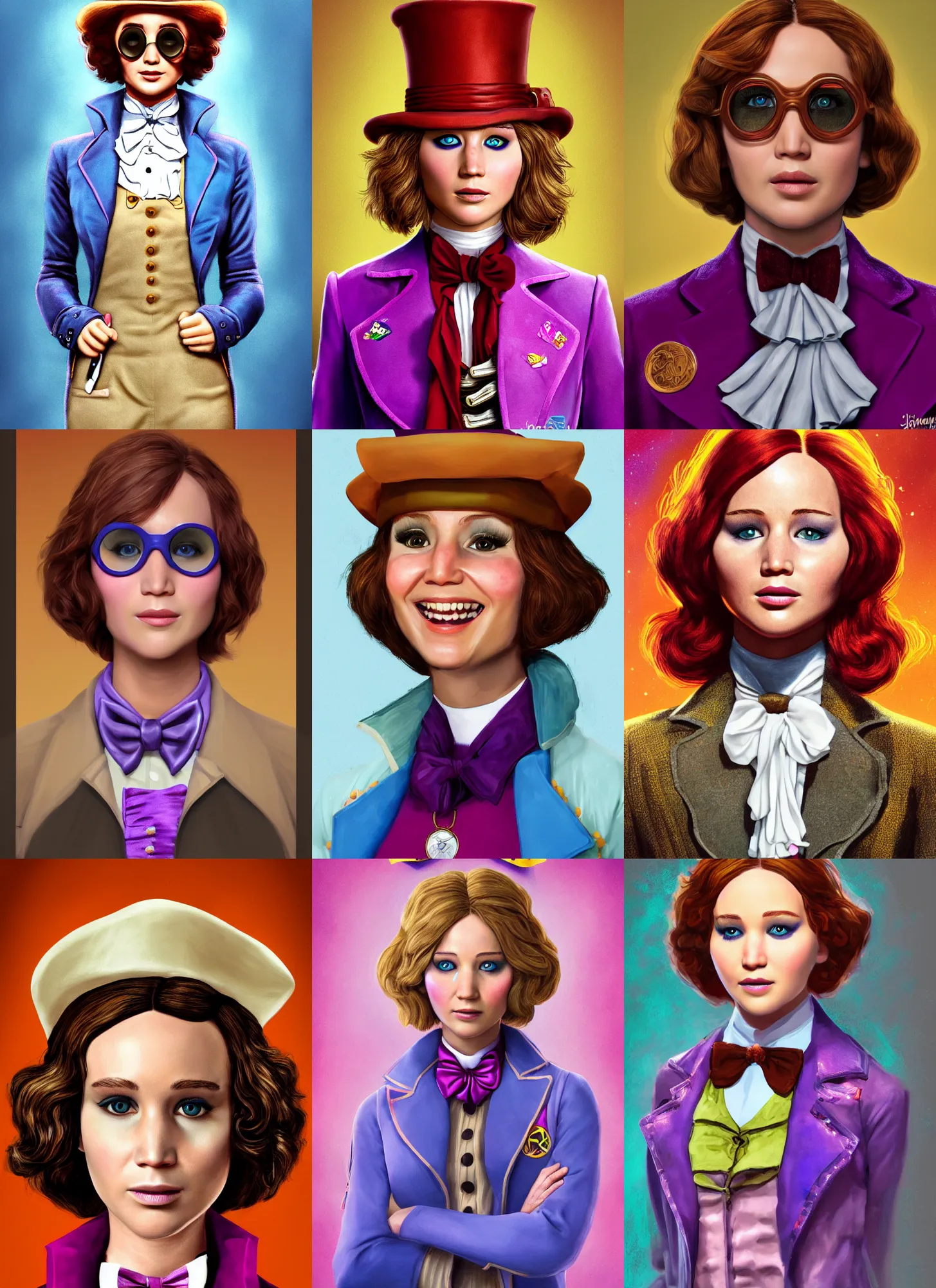 Prompt: character portrait of female Willy Wonka played by Jennifer Lawrence, digital art, trending on artstation, 4k