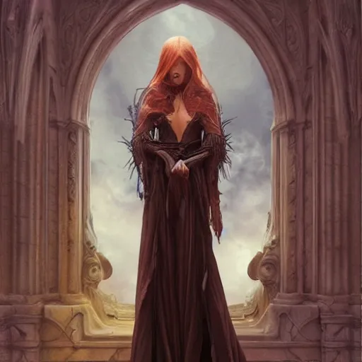 Image similar to ultra realist soft painting portrait of a single gothic mage in a full long curvy slim dress in Demon Souls, thin long auburn hair, symmetry accurate features, very intricate details, volumetric lighting, by Tom Bagshaw Boris Vallejo