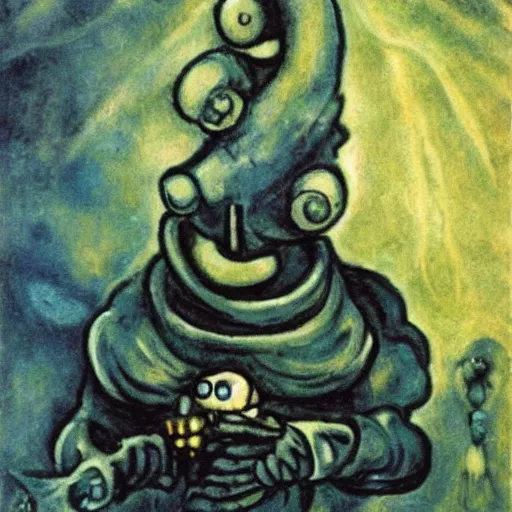 Prompt: squidward as a dark souls boss by Marc Chagall