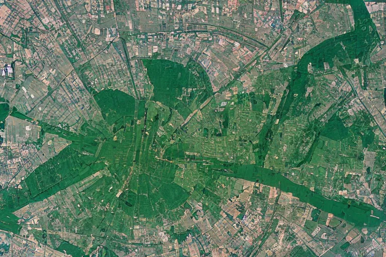 Image similar to satellite image of a large Soviet city with a large square green park in the middle