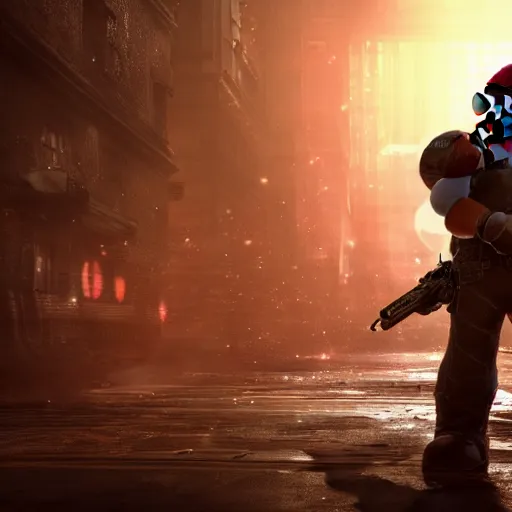 Image similar to super mario in gears of war, splash art, movie still, cinematic lighting, glowing, neon light, ray tracing, octane render, long lens, shallow depth of field, bokeh, anamorphic lens flare, 8 k, hyper detailed, 3 5 mm film grain